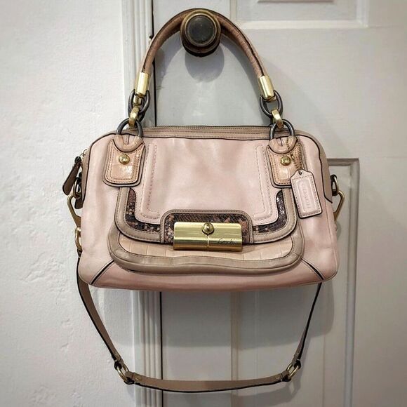 COACH "Kristin" Beige Snake Print Detail Clip Lock Detachable Strap Shoulder Bag - Picture 13 of 16